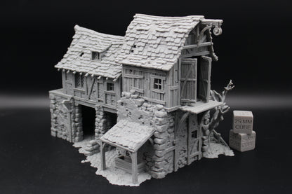 Tabletop Terrain Fantasy Barn Warehouse Storehouse Ruin With Tree Dnd RPG wargame skirmish 28-32mm