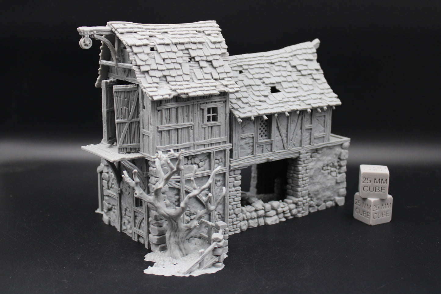 Tabletop Terrain Fantasy Barn Warehouse Storehouse Ruin With Tree Dnd RPG wargame skirmish 28-32mm