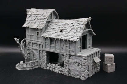 Tabletop Terrain Fantasy Barn Warehouse Storehouse Ruin With Tree Dnd RPG wargame skirmish 28-32mm