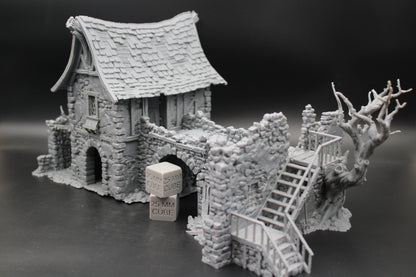 Tabletop Terrain Fantasy Estate Bridge House Ruin With Tree Dnd RPG wargame skirmish 28-32mm
